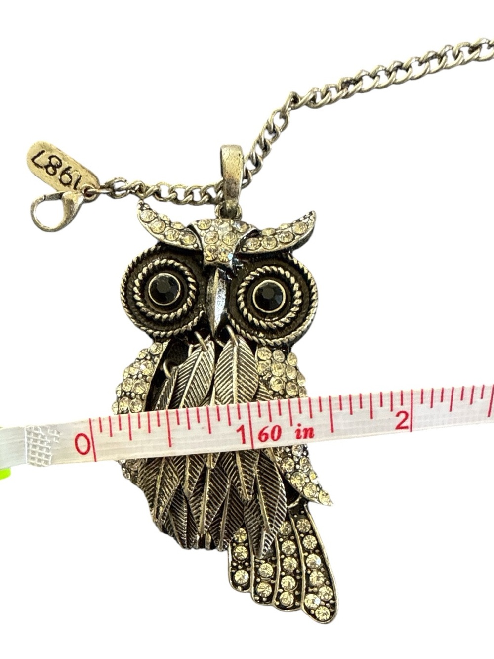 Aeropostale 1987 Collection Rhinestone Owl Pendant Necklace Silver Tone 31” EUC - Picture 8 of 8